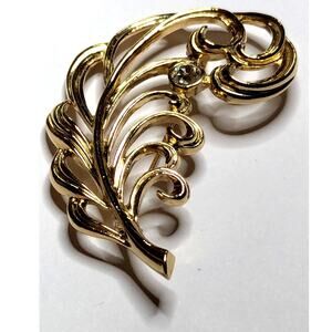 Vintage Openwork Feather Plume Rhinestone PinBrooch - 1970s
